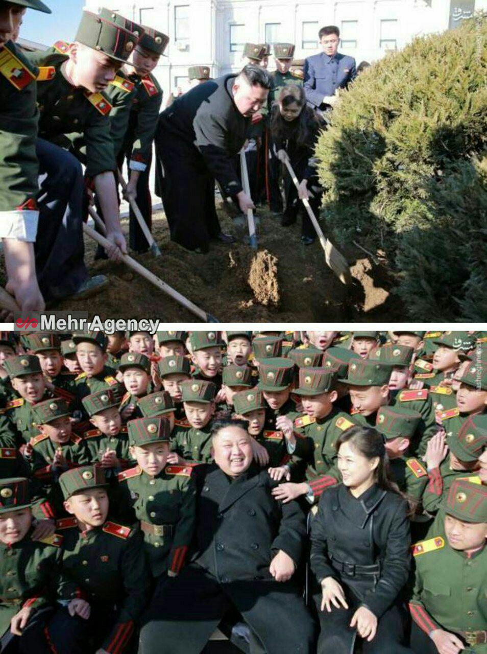 عکس/درختکاری (کیم جونگ اوم) رهبر کره شمالی و همسرش در یکی از مدارس شهر پیونگ یانگ