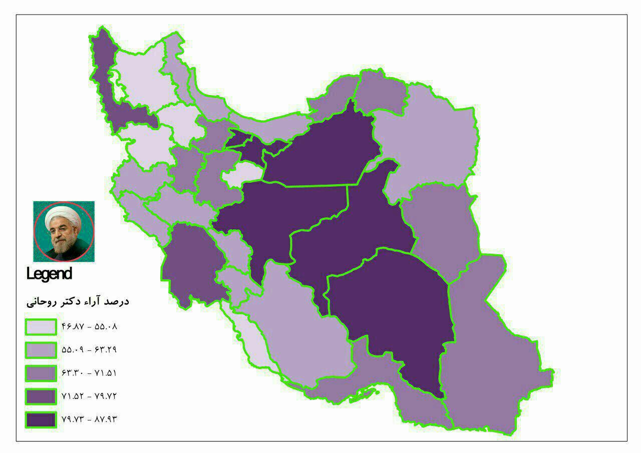 نمودار/ درصدبندی آرای حسن روحانی در استان های مختلف ایران