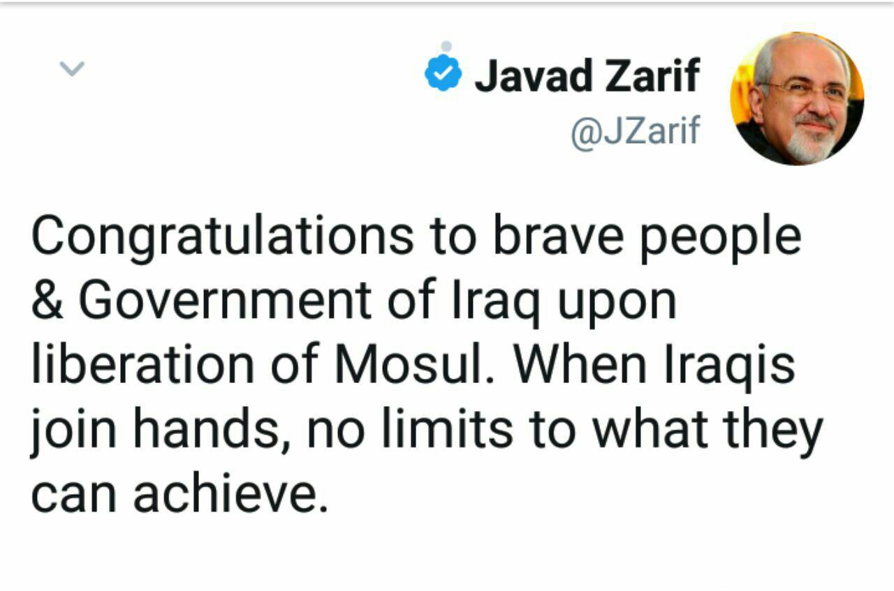 تبریک توییتری ظریف به مردم عراق
