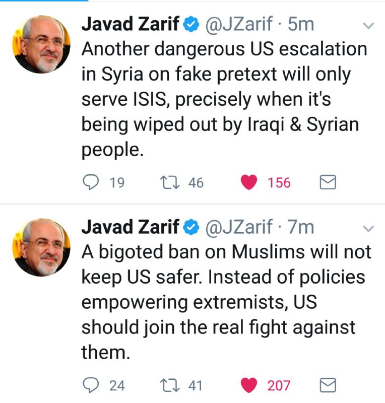 ظریف در توییتر:ممنوعیت ورود مسلمانان، آمریکا را امن نمی‌کند/ تنش‌افزایی آمریکا در سوریه کمک به داعش است