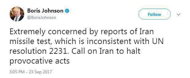وزیر خارجه انگلیس: آزمایش موشکی ایران ناقض قطعنامه ۲۲۳۱ است