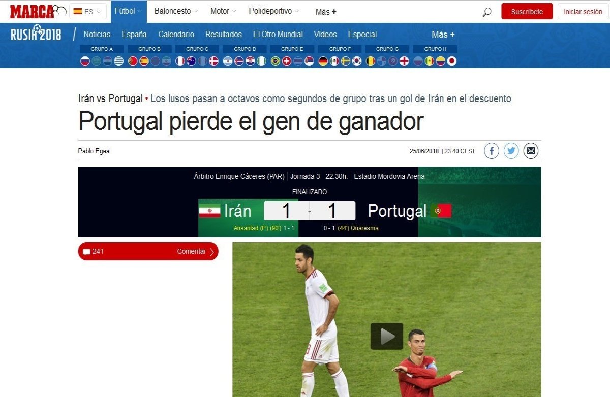 جام‌جهانی/ تحقیر رونالدو توسط مارکا: ایران در حق اسپانیا لطف کرد/ ESPN‌: رونالدو و پرتغال از وحشت ایران جان سالم به در بردند