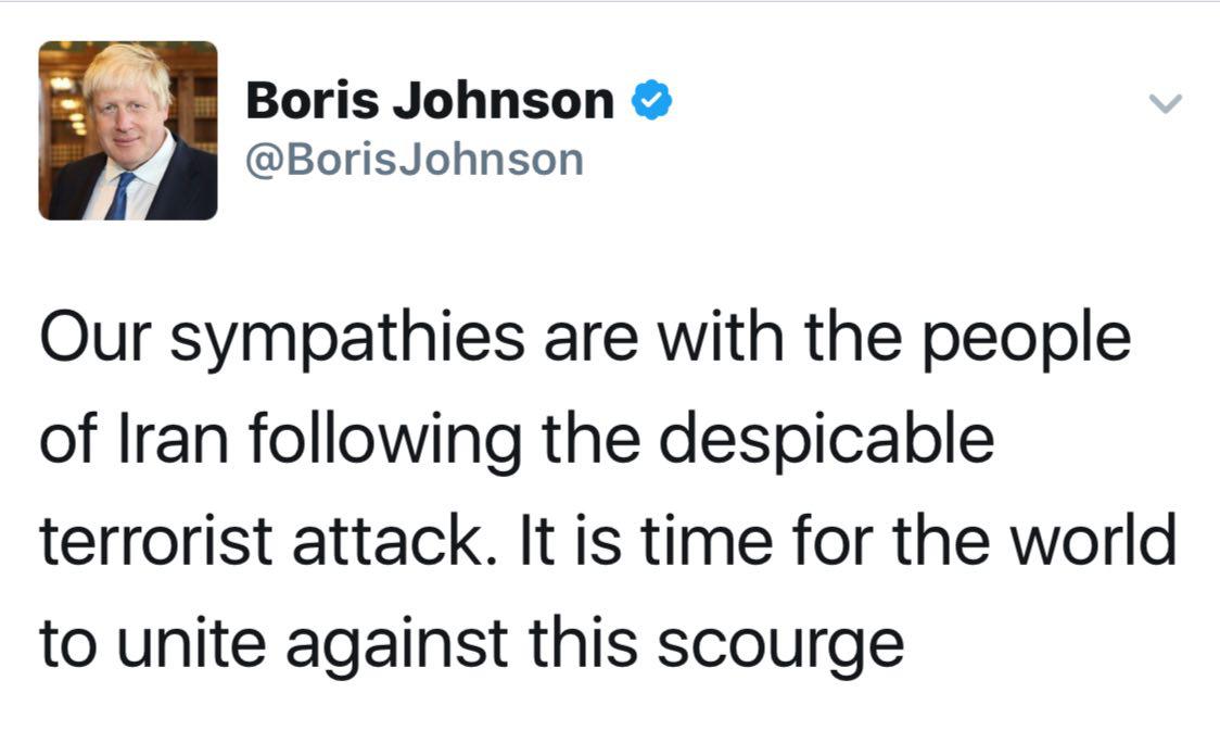 ‏به دنبال وقوع حملات امروز ⁧ تهران ⁩ بوريس ⁧ جانسون ⁩، وزير خارجه ⁧ بريتانيا ⁩ با مردم ⁧ ايران ⁩ ابراز همدردی کرد