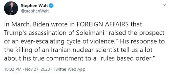 استفان والت، نظریه پرداز برجسته روابط بین الملل: واکنش بایدن به ترور دانشمند ایرانی نشان دهنده میزان تعهد او به 